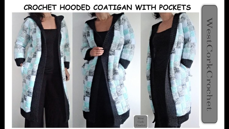 How to crochet coatigan, duster cardigan with hood & pockets, Tunisian crochet with regular hook