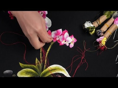 Hand Embroidery Art - Red orchid on black background - ThuongEmbroidery