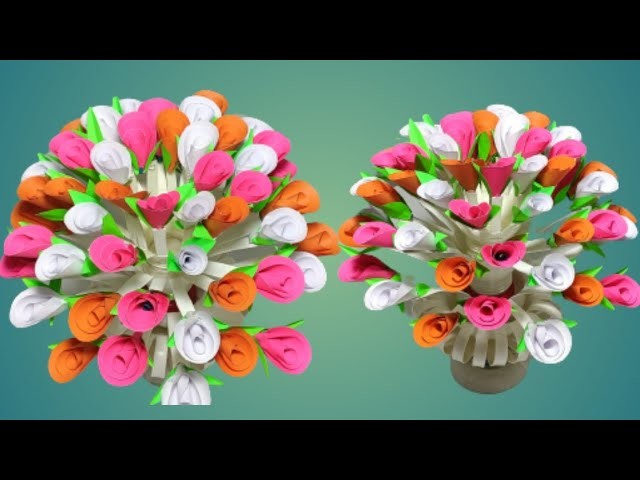 Make Wonderful paper Rose flower  || Easy Wonderful empty plastic bottle vase _ Beautiful Goldasta