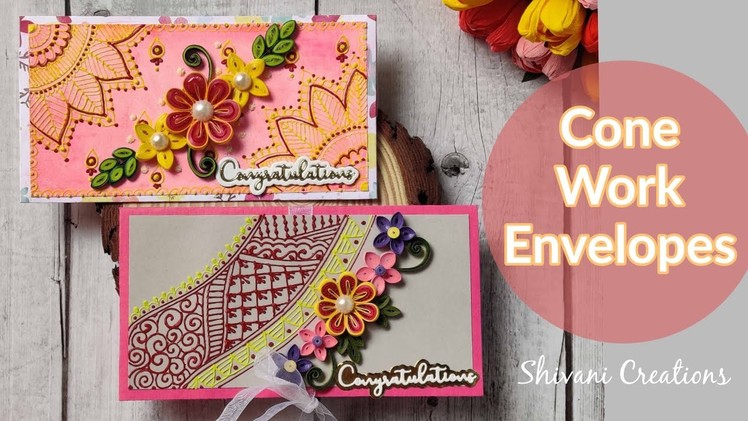 Cone Work on Envelopes with Quilling Decoration. Cone Work on Paper. 3D Outliner Cones