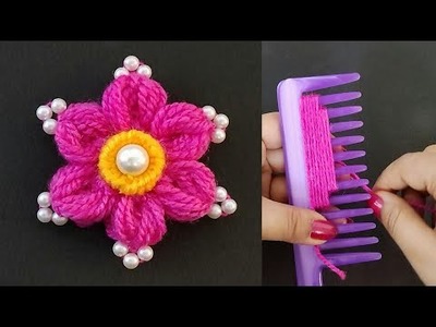 Super Easy Woolen Flower Making using Comb - Hand Embroidery Flower Making Trick - DIY Wool Craft