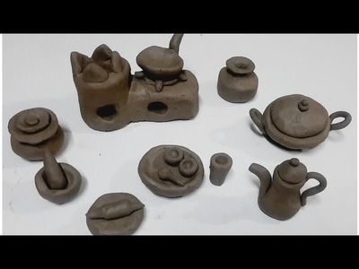 Amazing technique make kitchen set with clay।।Primitive clay kitchen set।polymer clay kitchen tools.