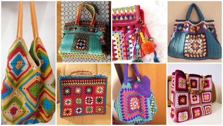 Bohemian style big size crochet pattern contrast bag.purses.shoulder bag designs
