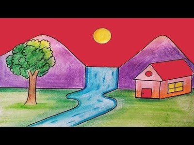 Scenery Drawing for Beginners | Drawing For kids Drawing Painting For beginners | Hut Drawing