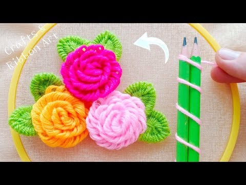Superb Woolen Rose Making Idea with Pencil - Hand Embroidery Amazing Trick - DIY Woolen Flowers