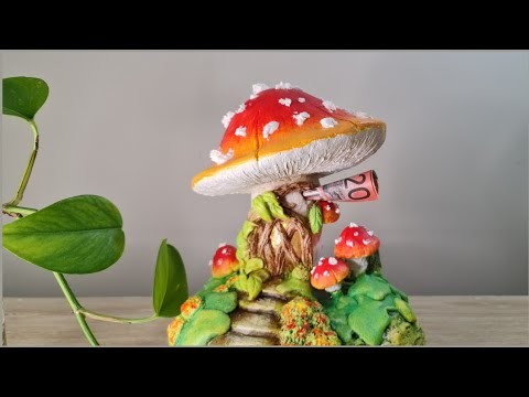 DIY Mushroom Fairy House Money Box Using Plastic Bottle, Cardboard, and Air Dry Clay