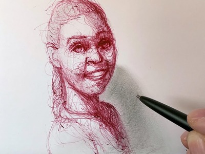 Smiling Girl - Drawing Process with Ballpoint Pen on Paper - 3D Scribble