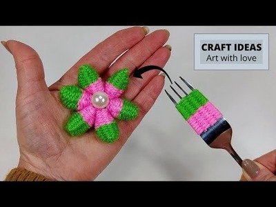 Super Easy Woolen Flower Making Ideas with Fork - Hand Embroidery Amazing Trick - DIY Woolen Flowers