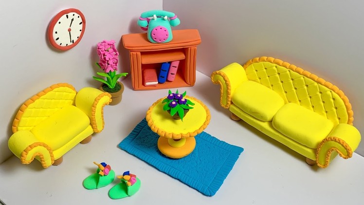 Mini Dollhouse Furniture| DIY How To Make Polymer Clay Miniature Sofa, Clock, Telephone, Bookself
