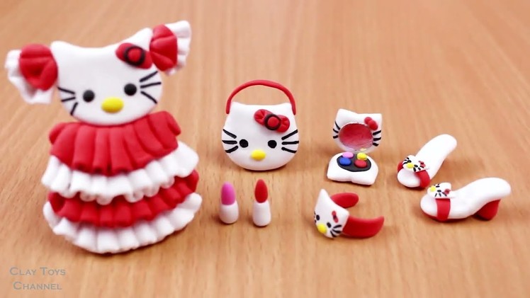 DIY How to Make Cutest Miniature Hello Kitty Dress and Makeup Set from PolymerClay | ClayToysChannel