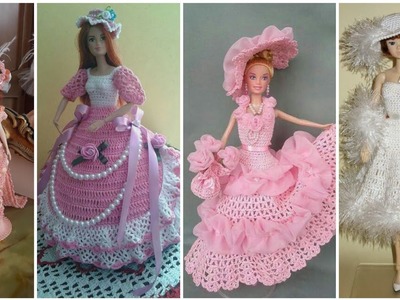 Most Cute crochet Barbie long dress with ruffle lace decorations #crochetdollsdress