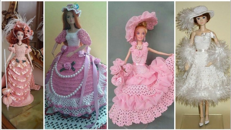 Most Cute crochet Barbie long dress with ruffle lace decorations #crochetdollsdress