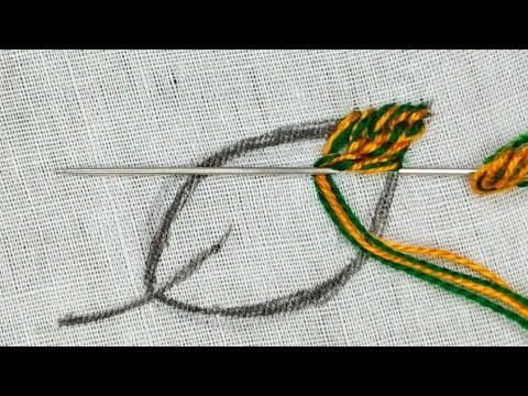 Fishbone stitch Leaf embroidery.  hand embroidery leaf design.