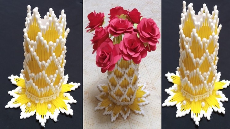 Cotton bud vase|| cotton buds art and craft|| vase making ideas||@ujala craft ideas