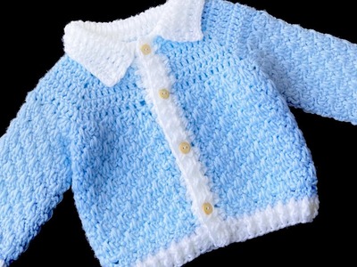 Easy cardigan sweater with collar crochet pattern LEFT HAND TUTORIAL to match crochet baby blanket