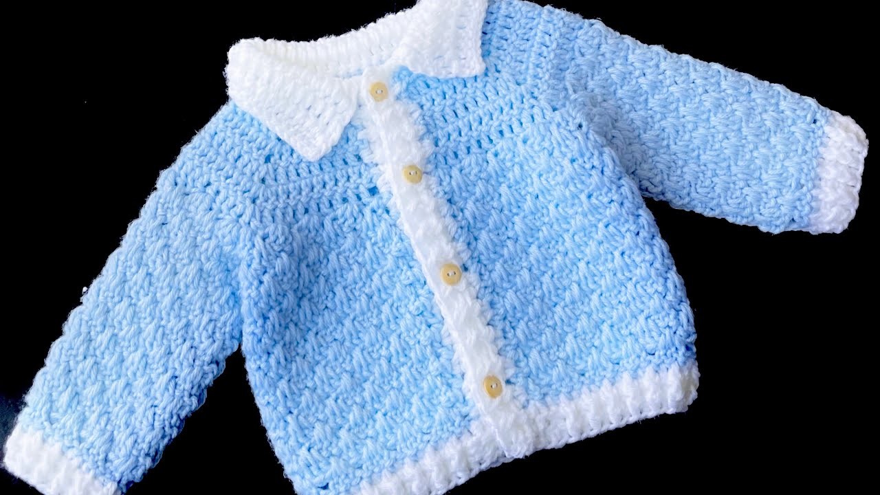 Easy cardigan sweater with collar crochet pattern LEFT HAND TUTORIAL to match crochet baby blanket