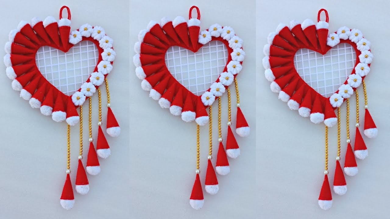 Heart Shaped Woolen Wall Hanging | DIY Easy Woolen Flower Wall Hanging Craft Ideas
