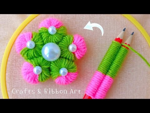 Amazing Woolen Flower Making Trick with Pencil - Hand Embroidery Flower Design - DIY Woolen Flowers