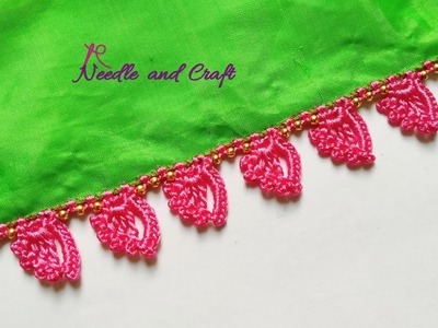 New & Easy single step krosha saree kuchu design using beads | Crochet design without tassels