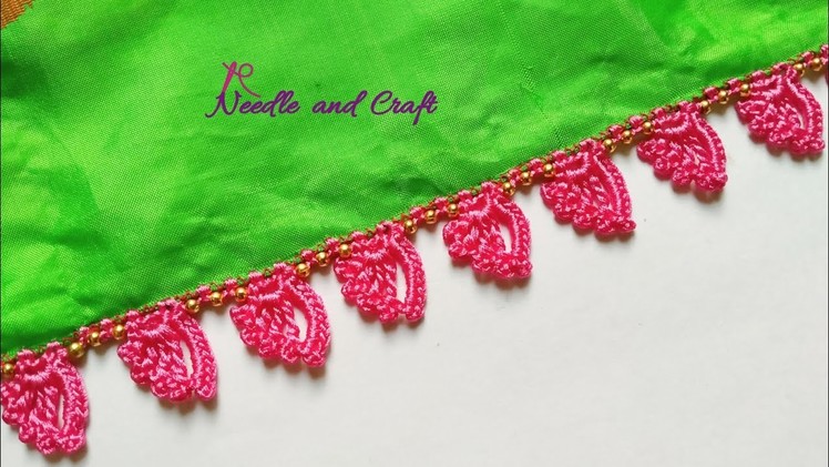 New & Easy single step krosha saree kuchu design using beads | Crochet design without tassels