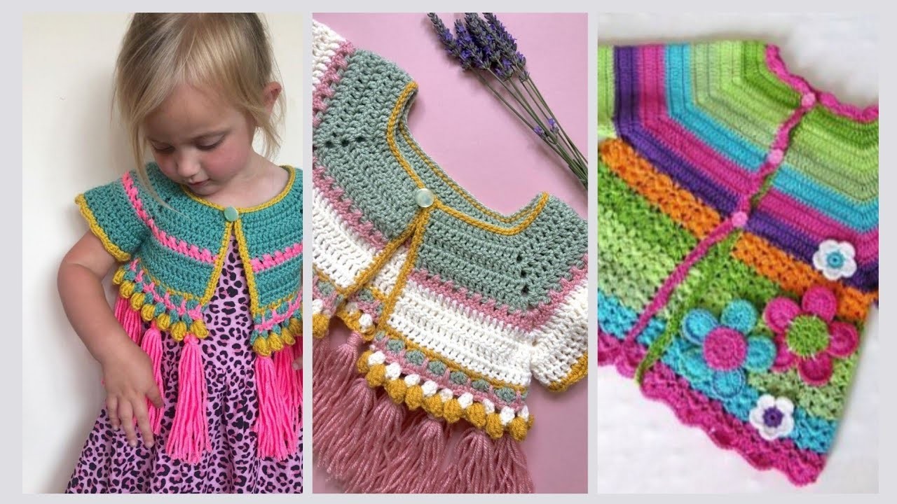 Crochet mini cardigans for girls under 10.Beautiful crochet jacket with rainbow colors