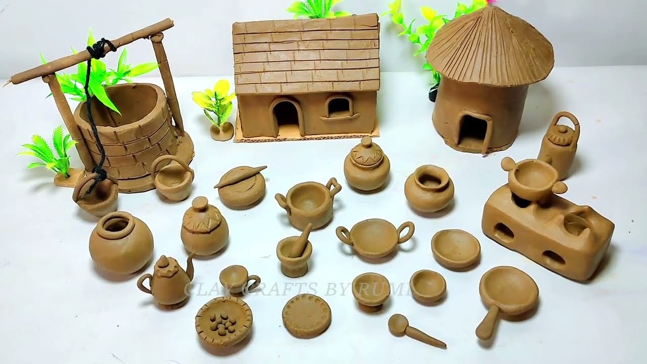 DIY How to make polymer clay miniature house, kitchen set,Bullock cart, Hand Pump,Tree | Village