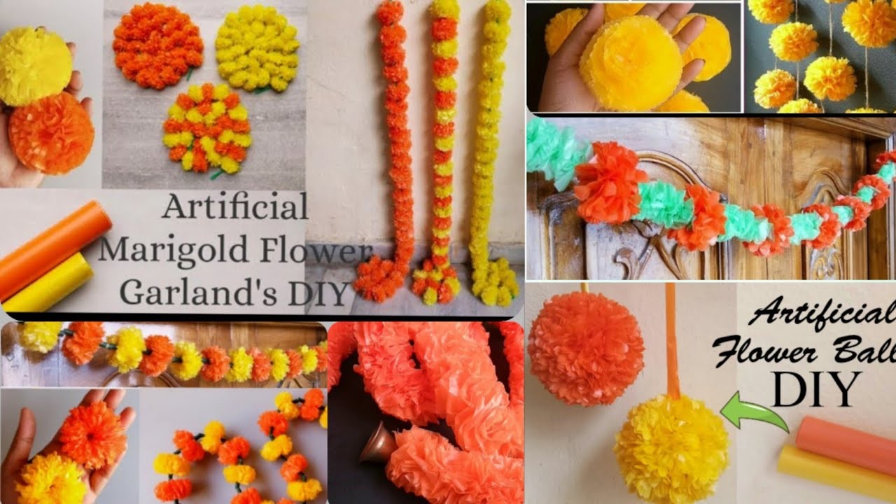 How to make 6 types of Plastic Marigold Garland Flower Toran Garland Handmade Decor Festiv DIY Ideas