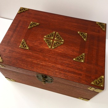 One Of a Kind DELUXE AGED WOODEN B0X with Antique Bronze adornments and latch. Rich Mahogany stain.