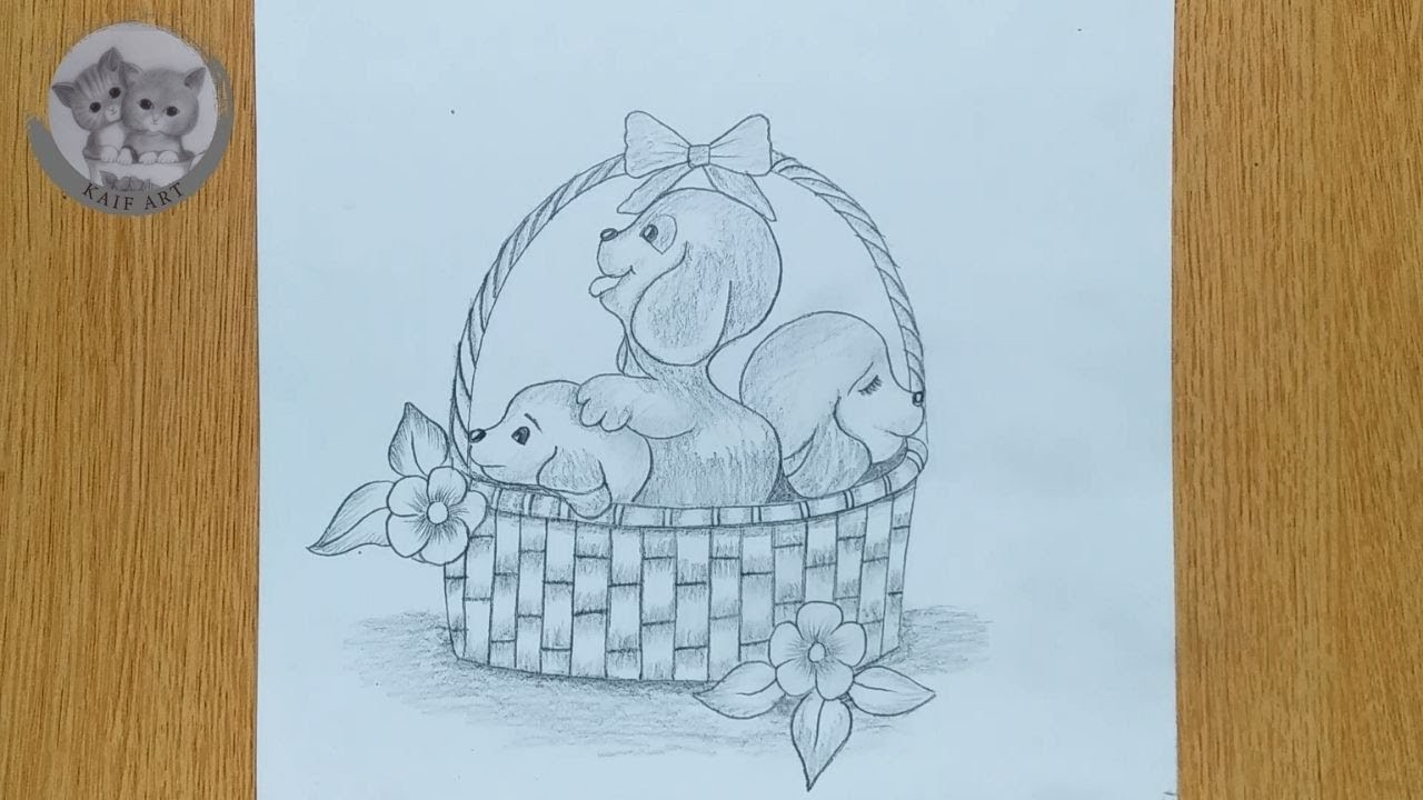 How To Draw Cute Puppies In Beautiful Basket | Kaif Art