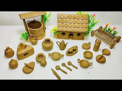 DIY How to make polymer clay miniature Water well, Kitchen set, Doll, Tree, Charpai | Village house