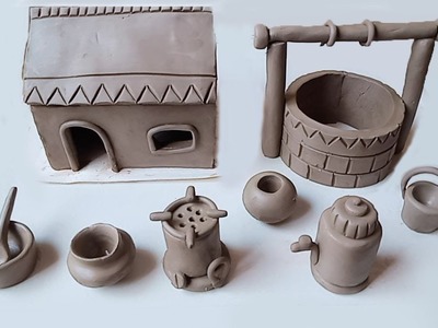 DIY How to make polymer clay Miniature House, kitchen set, Clay water well, village mud house