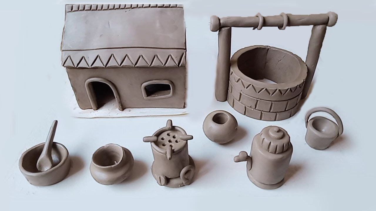 DIY How to make polymer clay Miniature House, kitchen set, Clay water well, village mud house