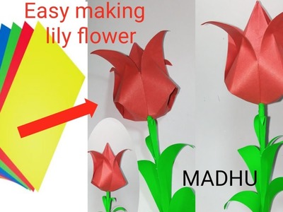 How to making paper lily flower. lily flower making with colour paper.  Lily flower diy. 