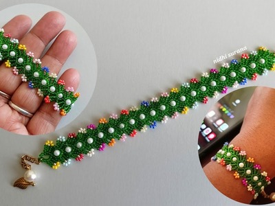 Blooming Centipede, Seed bead & Pearl Bracelet.How to make Beaded jewelry.Pulsera Tutorial diy