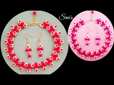 How to make???? gorgeous flower jewellery set???? Beaded Necklace & Earrings???? Easy tutorial diy