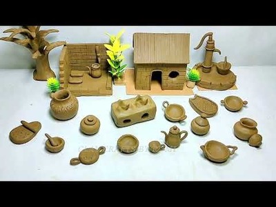 DIY How to make polymer clay miniature Village House, Washroom Set, Kitchen Set, Tree.