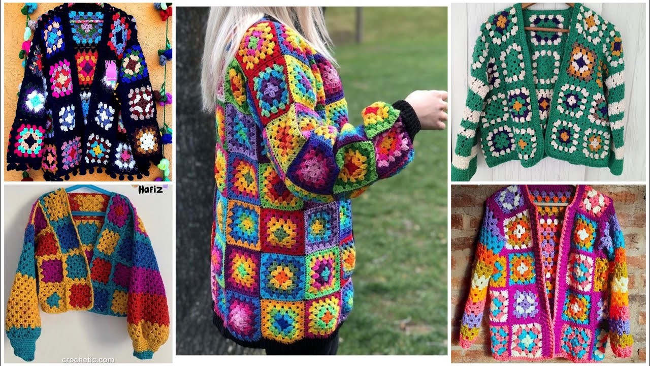 Granny crochet colourful square knitted pattern jackets.cardigan.sweater designs