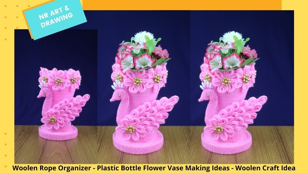 Woolen Rope Organizer - Plastic Bottle Flower Vase Making Ideas - Woolen Craft Idea