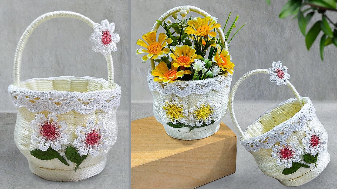 Make a flower vase from a Paper Cup and wool | Woolen Flowers Basket craft idea ???????? | Home Decor