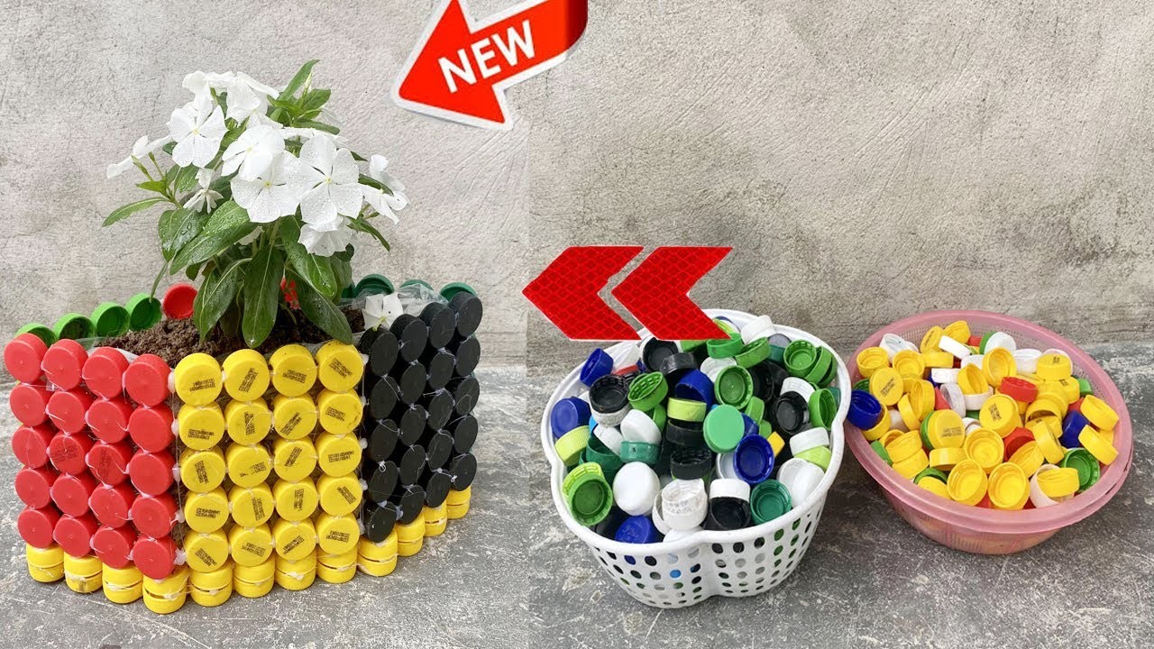 Recycle plastic bottle caps to make the latest unique and beautiful colorful flower vases
