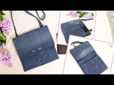 DIY Easy Flat No Zipper Denim Crossbody Bag with Front and Back Pocket Out of Old Jeans | Upcycle
