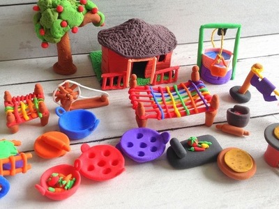 DIY How to make Polymer Clay Miniature House, Kitchen set, Cow Shed, Tree, Well, Ox cart