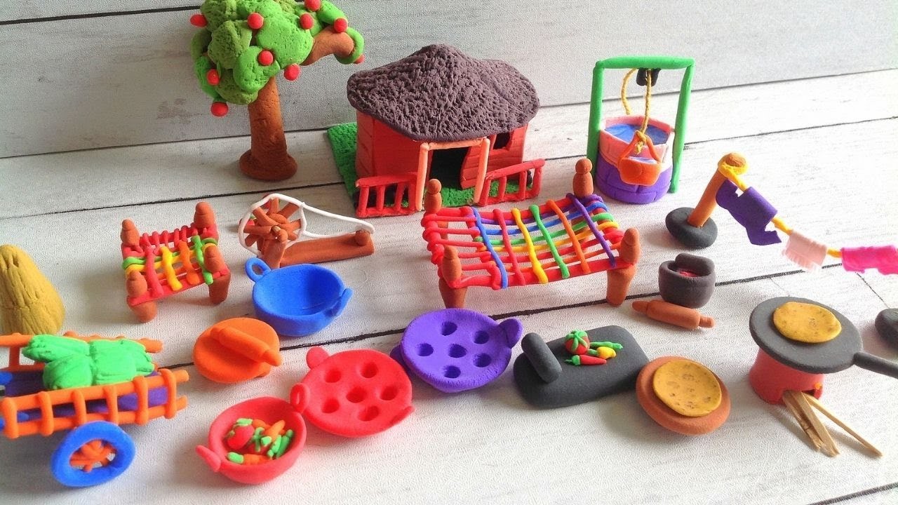 DIY How to make Polymer Clay Miniature House, Kitchen set, Cow Shed, Tree, Well, Ox cart