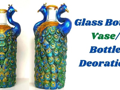 Glass Bottle Vase. Peacock Design.Bottle Decoration