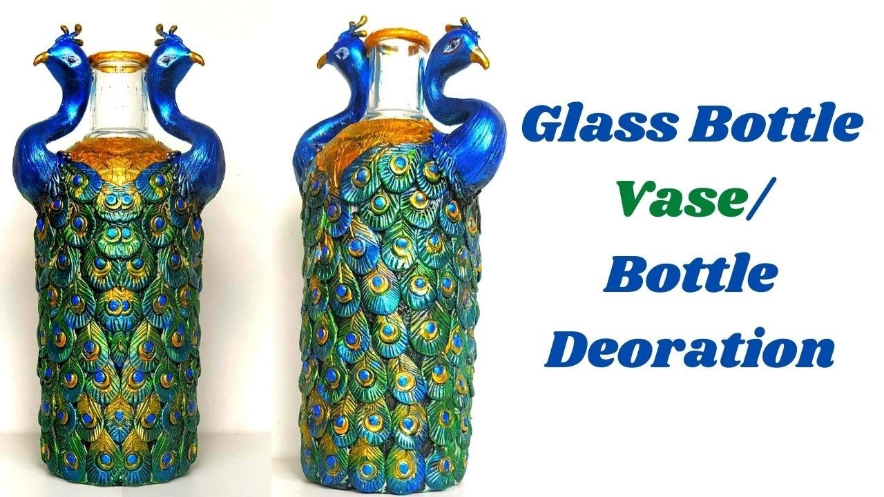 Glass Bottle Vase. Peacock Design.Bottle Decoration