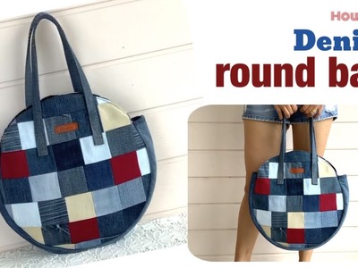 How to sew a round denim bags tutorial, sewing diy a round bags patterns, diy denim projects