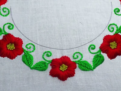 Creative hand embroidery puffed lazy daisy stitch neckline design for kurti or blouse easy stitches