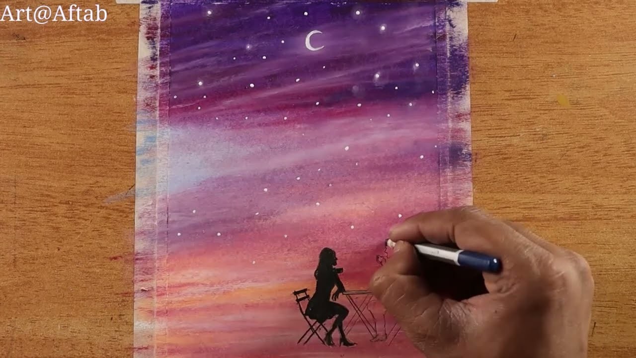 How to draw romantic couple date scenery with oil pastels. easy oil  pastel drawing