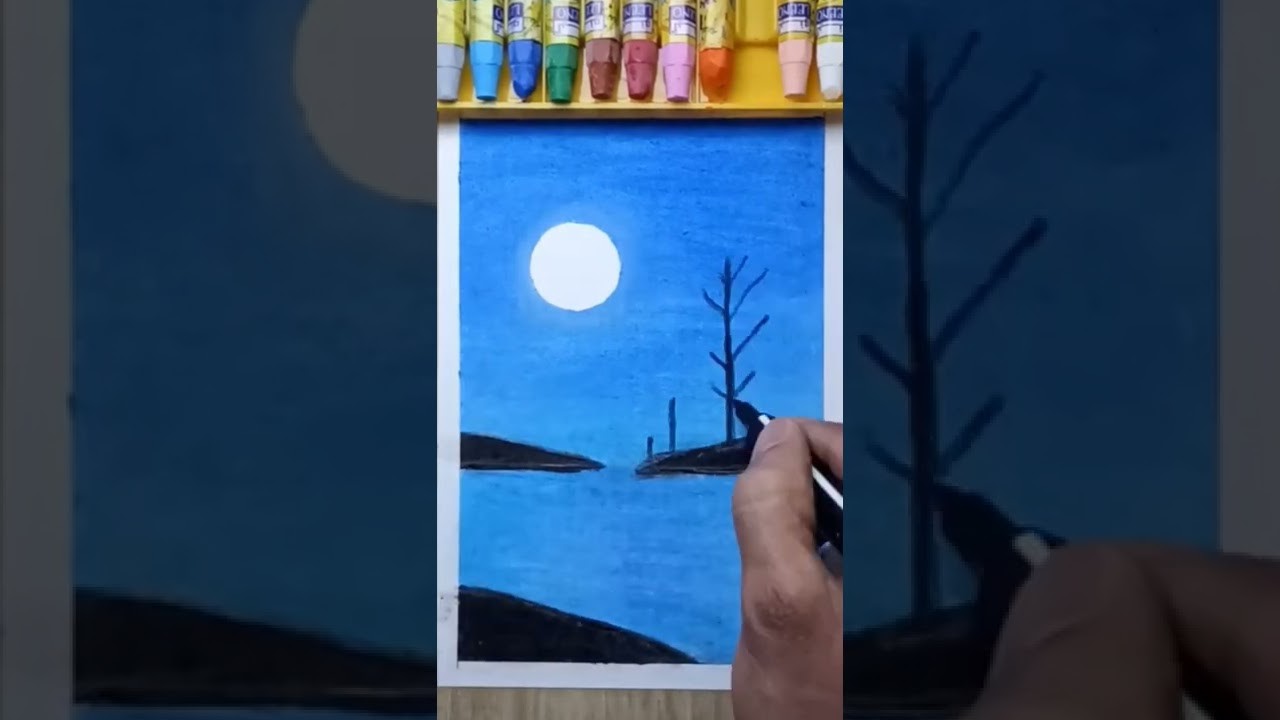 How To✏️ Easy Draw???? Beautiful???? Moonlight ????Sea???? With Trees Drawing #shorts