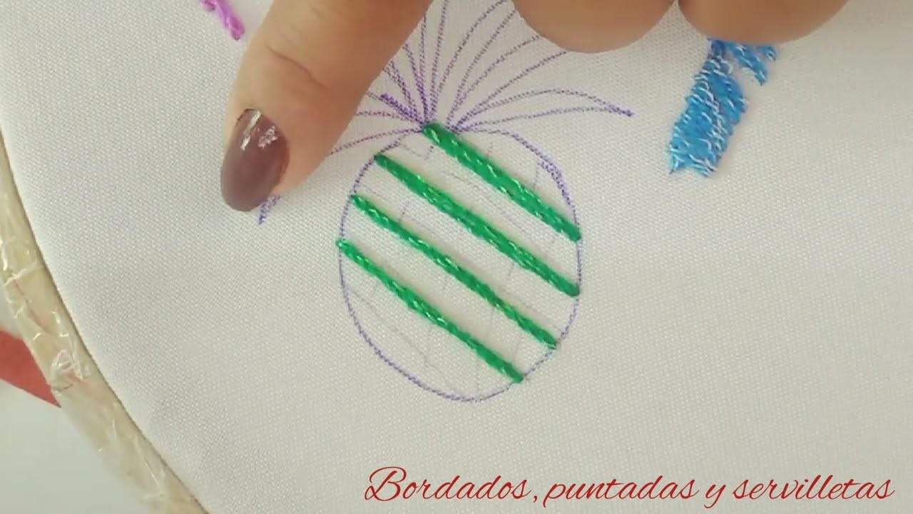 PUNTADA de piña. Amazing fruits embroidery design. Pineapple: Net Stitch Hand Embroidery